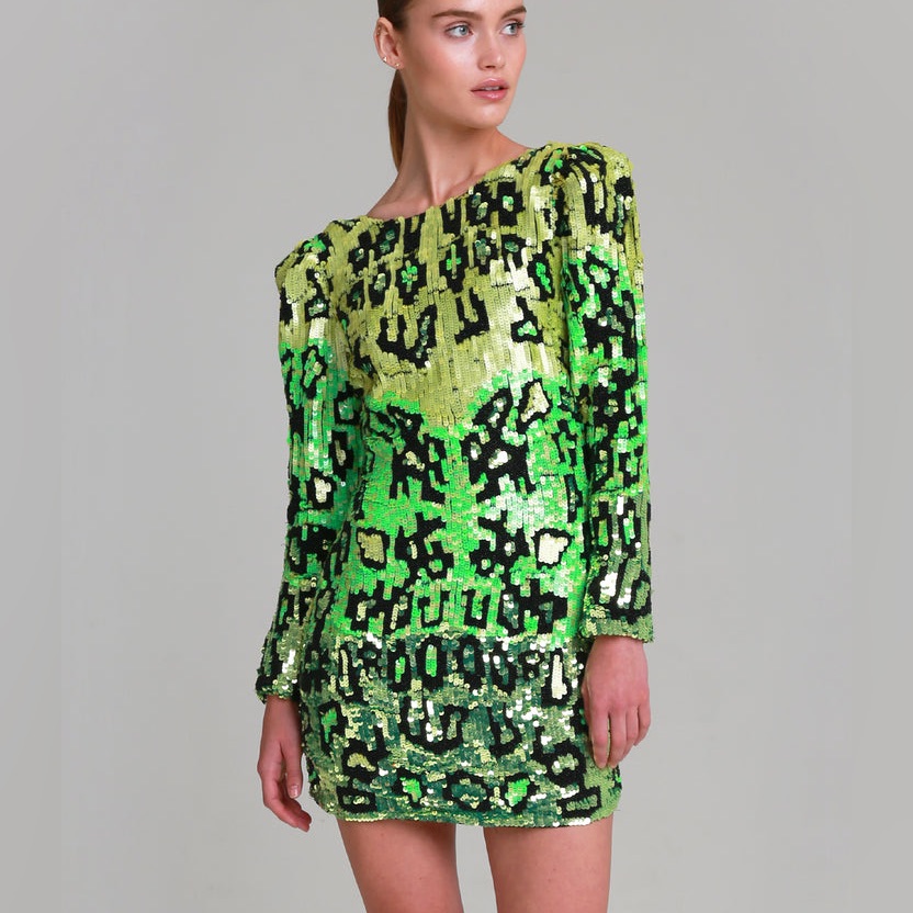 Alla Berman Ludmila Green Sequin Long Sleeve Cocktail Dress